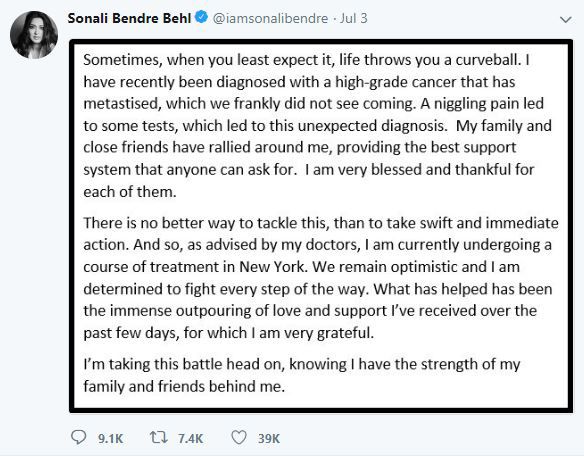 Sonali Bendre Twitter Cancer Post