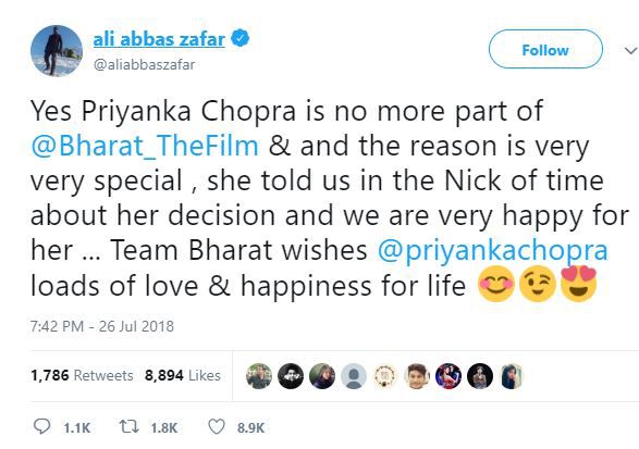 Ali Abbas Zafar tweet about Priyanka's Engagement