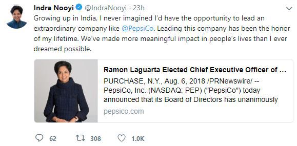 Indra Nooyi's Tweet about her Experience at Pepsico