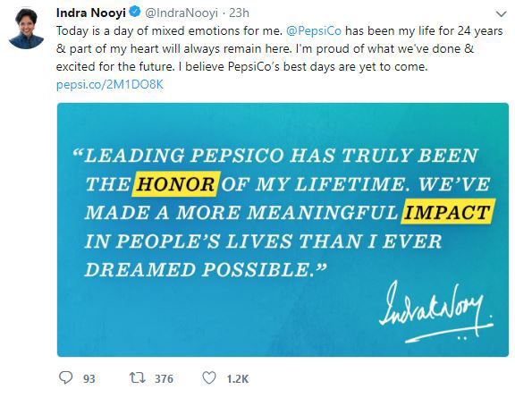 Indra Nooyi's Tweet on Stepping down from CEO
