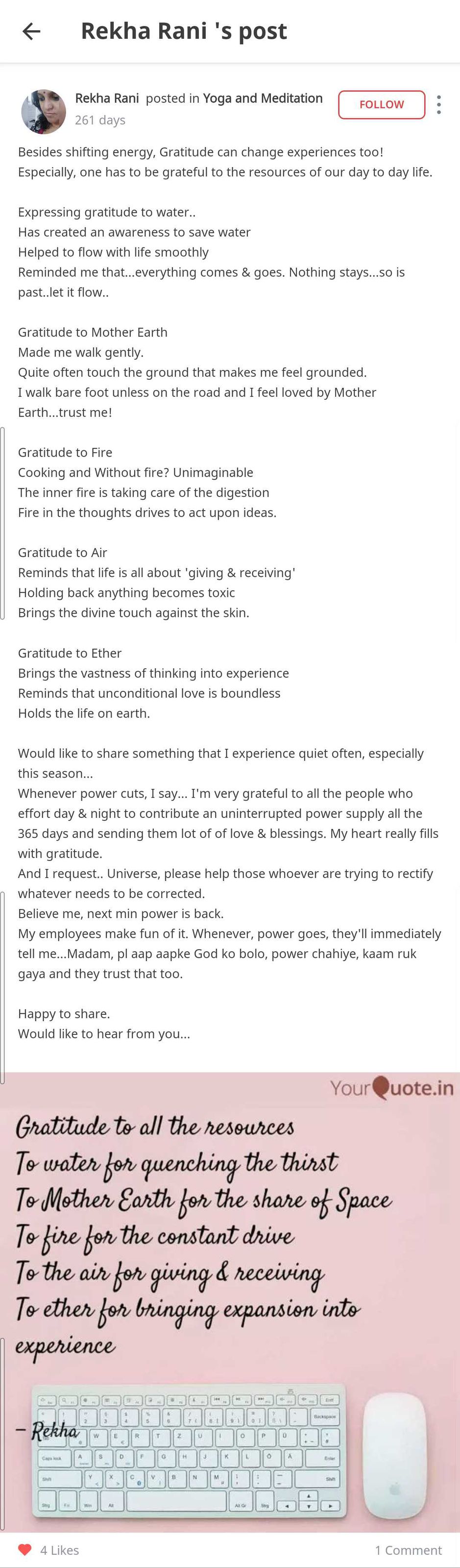 rekha's post on gratitude