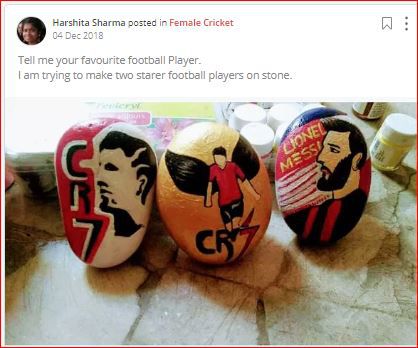 harshita paints football players on stone