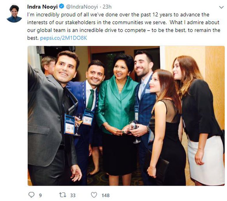 Indra Nooyi's Tweet about Pepsico and Team