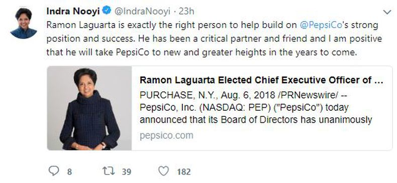 Indra Nooyi's Tweet about Ramon Laguarta