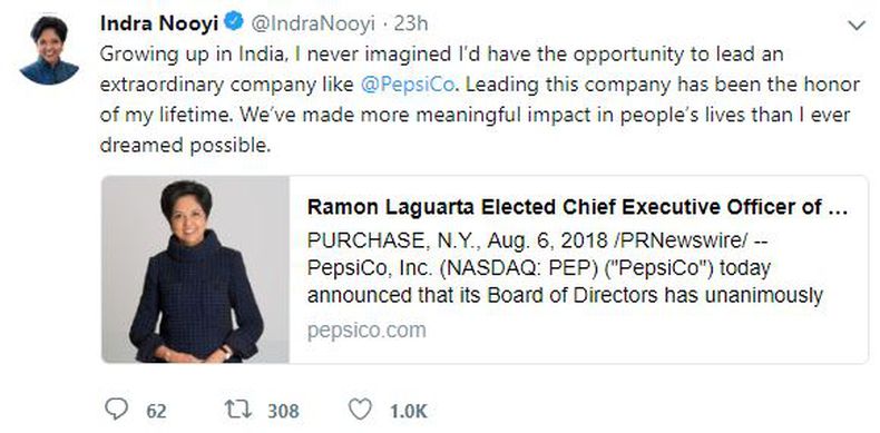 Indra Nooyi's Tweet about her Experience at Pepsico